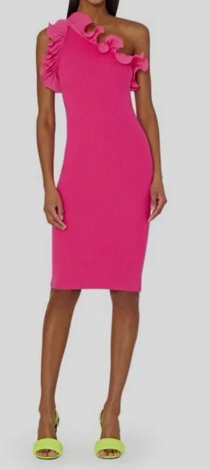 Milly pink ribbed one shoulder ruffle dress medium thumbnail 1