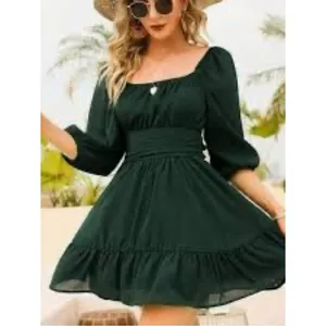 Exlura Green Square Neck Puff Sleeve High Low Mini Dress XL Cottagecore Boho thumbnail 6