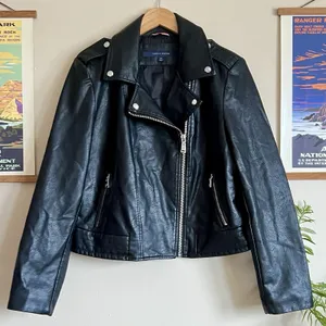 Tommy Hilfiger Faux Leather Moto Jacket Women Large Black 90s Off‎ Duty Classic thumbnail 1
