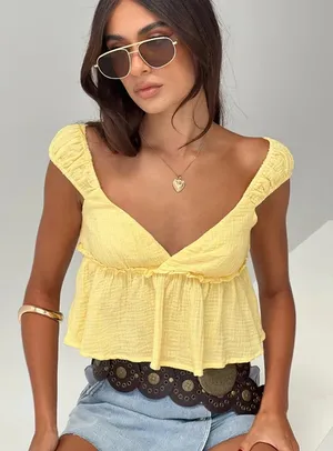 Princess Polly Yellow short sleeve crop top thumbnail 1