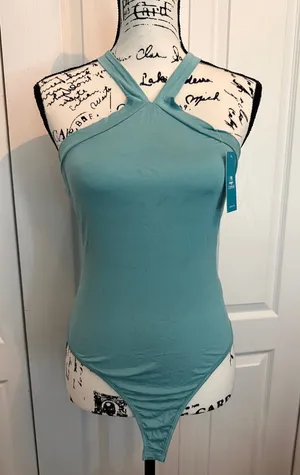 Cupshe Teal Cross-Strap Halter Bodysuit thumbnail 1