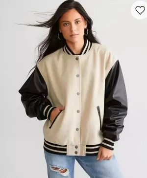 Gilded Intent Two-Tone Varsity Jacket in Cream & Black thumbnail 1