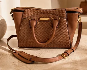 Adrienne Vittadini Woven Cognac Brown Satchel Crossbody Handbag Vegan Leather thumbnail 1