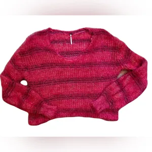 Free People Gelato Pullover Sweater Fuzzy Star Pink Combo Boxy Crop Sz S Small thumbnail 3