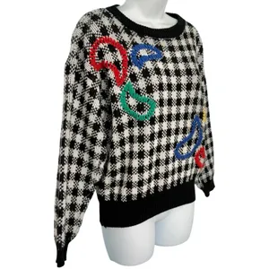 Vintage Black White Check Wide Stitch Rainbow Detail Crew Neck Sweater size S thumbnail 7