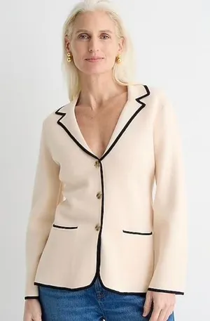 J. Crew Women Knit Blazer Cardigan Jacket‎ Small Beige Tipped Contrast Office thumbnail 1