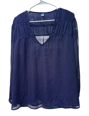 Navy Sheer Chiffon Peasant Blouse Tie‎ Front Long Sleeve Boho Y2K Romantic thumbnail 1
