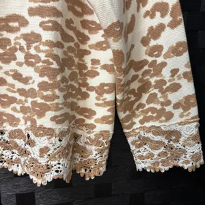 Chico's Cardigan Sweater Cream Tan Leopard Animal Print Lace Trim Casual 2/L thumbnail 2
