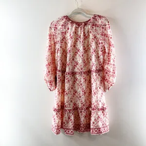 Max Studio Keyhole Long Sleeve Floral Tiered Mini Dress Pink White Small thumbnail 4