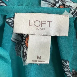 LOFT Outlet Women's Medium Sheer Teal Floral Ruffle Tie Neck Blouse Top thumbnail 5