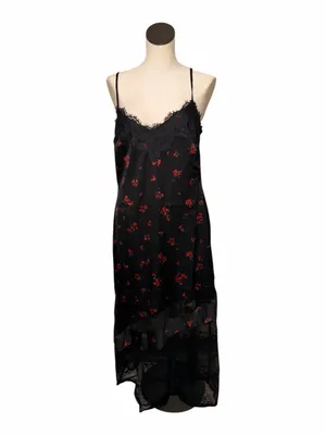 New Loft Floral Lace Chantilly Slip Maxi Dress Womens Size 10 Black And Red Rose thumbnail 2