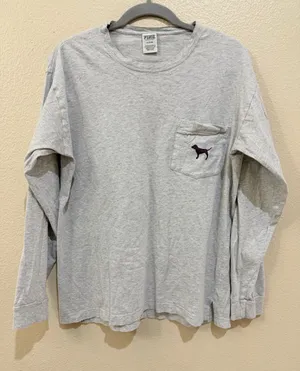 Victoria's Secret PINK Gray Long Sleeve Pocket T-Shirt Graphic Back Logo M thumbnail 1