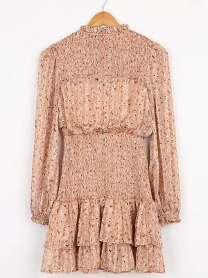Lulu's Dash of Chic Tan Multi Print Smocked Long Sleeve Mini Dress size medium thumbnail 3