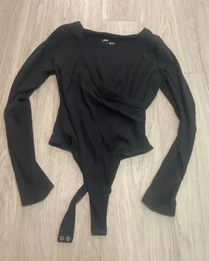 aerie Black Ribbed Wrap-Front Long Sleeve Bodysuit thumbnail 1