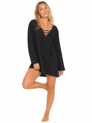 SALE Billabong Black Lace-Up Beach Cover-Up Dress Long Sleeve Boho Small thumbnail 3