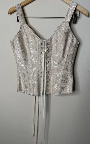 Cream Lace‎ Up Side Zip Corset Tank Strap Coquette Cottage Women's Size M thumbnail 1