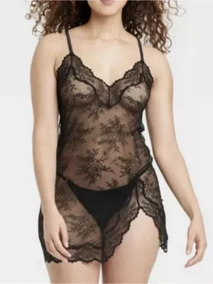 Auden Black Sheer Floral Lace Chemise with Scalloped Edge thumbnail 1