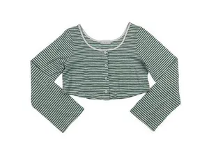 Oak + Fort - Stripped Button Up Cropped Long Sleeve Tee in Green and White thumbnail 1