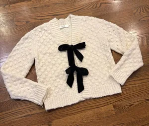 Astr the Label Cream Knit V-Neck cardigan Sweater with Black Velvet Bows, xS thumbnail 1