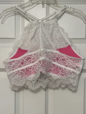 NWOT PINK Victoria's Secret Eyelash White Lace High Neck Underwire Push-Up Bra L thumbnail 4