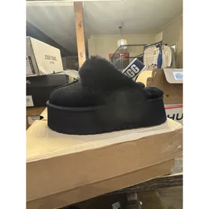 Ugg Funkette Black Suede Sheepskin Strap Platform Women'S Slippers Size 10 thumbnail 3