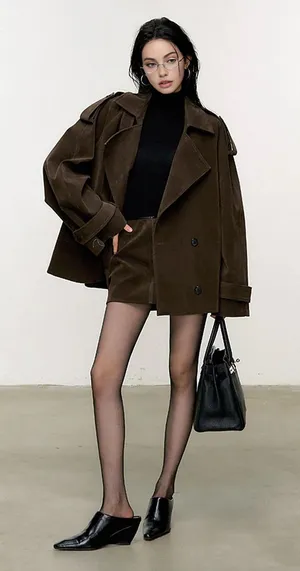 Commense Lapel Oversized Faux Suede Jacket NWT Large Dark Brown Double Breasted thumbnail 1