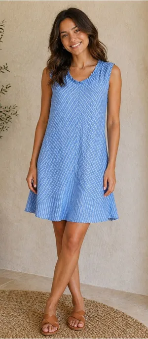 Flax Striped Sleeveless A-Line 100% Linen Ruffle Neck Swing Dress Size M thumbnail 1