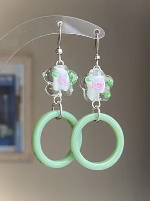 Handmade flower glass beads & green circle hoop unique fairy cottage retro style dangle earrings 🌼💚 thumbnail 2