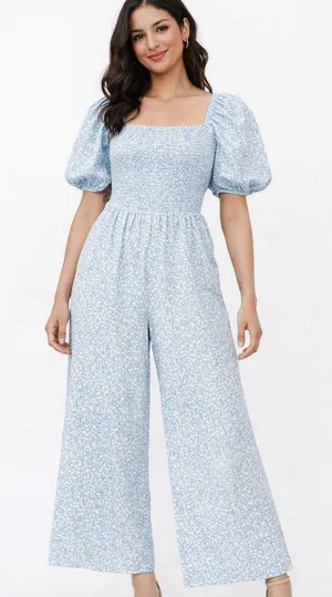 Blue Floral Puff-Sleeve Jumpsuit thumbnail 1