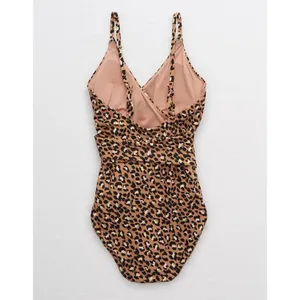 Aerie Leopard Print Wrap One Piece Swimsuit Tan Black Cutout Tie Waist L Long thumbnail 3