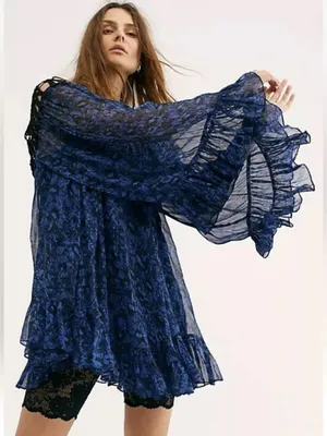 Free People Faded Daisy Frock Dress Tunic XS Blue Black Boho Bell Sleeve thumbnail 1