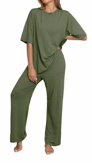 NEW Soft 2 Pc Lounge Set Pajamas Knit Short Sleeve Top & Long Pants M thumbnail 1