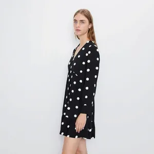 Zara Women's Black White Polka Dot V-Neck Long Sleeve A-Line Mini Dress Size L thumbnail 4