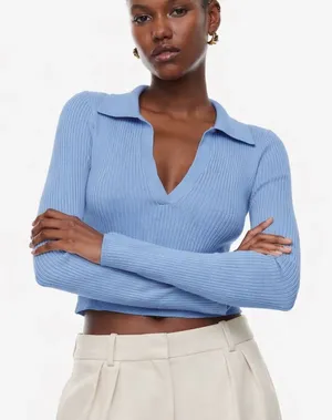 Aritzia Babaton Sculpt Knit Polo Longsleeve Blue thumbnail 1