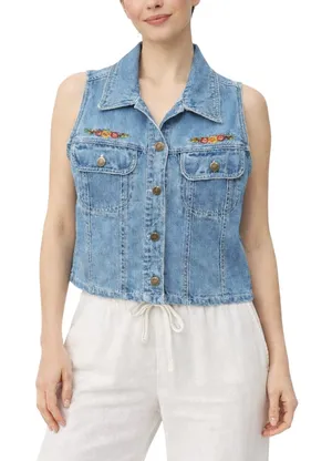 At Last & Co. 1990s Vintage Denim Floral Embroidered Vest Jean Vest Size Small thumbnail 1