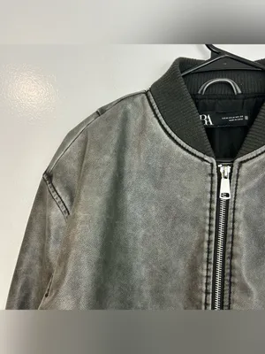 Zara Grey Zip Up Faux Leather Vegan Bomber Jacket Size Medium thumbnail 4