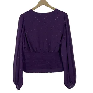 NWT Express Smocked Metallic Clip Dot Blouse Purple Whimsigoth V-Neck Size XL thumbnail 4