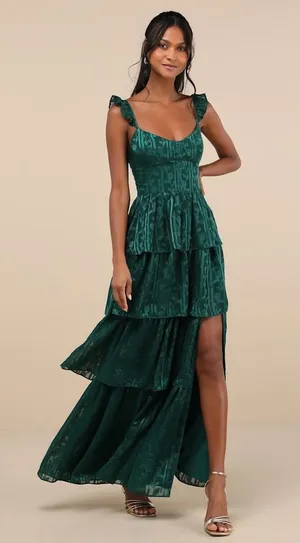 NWT Lulus Stunning Glory Hunter Green Floral Jacquard Tiered Maxi Dress Gala XS thumbnail 1