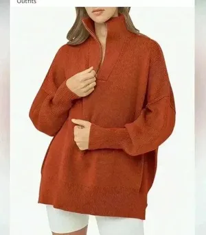 Women's Oversized Fashion Long Sleeve Quarter Zip Baggy Sweater Pullover Tops thumbnail 1