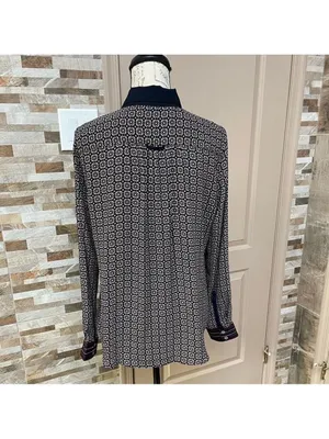 LOFT half button Hanley top tunic blouse shirt Geometric print burgundy Sz M thumbnail 4