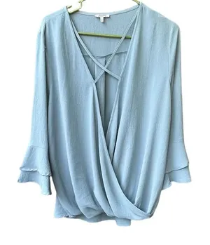 NWT JODIFL size L faux wrap deep V blouson bell sleeves top. thumbnail 1