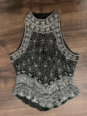 Vintage Adrianna Papell Boutique Evening Floral Silk Beaded Halter Top m Black thumbnail 1
