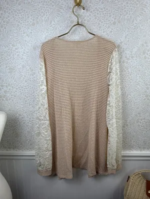 BiBi Beige and Cream Lace Sleeve Open-Front Waffle Knit Cardigan Top - Size - XL thumbnail 6
