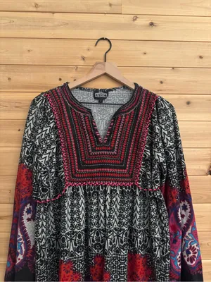 Angie Large Bohemian Long Sleeve Belted Notch Neckline Mini Dress Fall Biho thumbnail 2