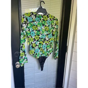 NWOT. Zara Draped Floral Blue Green Long Sleeve Cut Out Bodysuit M thumbnail 12