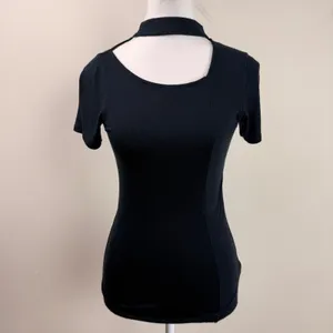We The Free Free People Black Ribbed Choker Cutout‎ Top Short Sleeve Small thumbnail 2