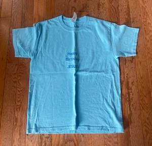 Gildan light blue embroidered Happy Birthday Jesus Christian shirt thumbnail 1