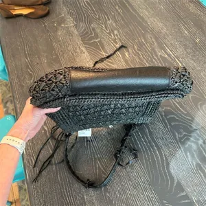 Nordstrom Black Straw & Leather Shoulder Bag Women's Closure Fabric Lined NWT thumbnail 6