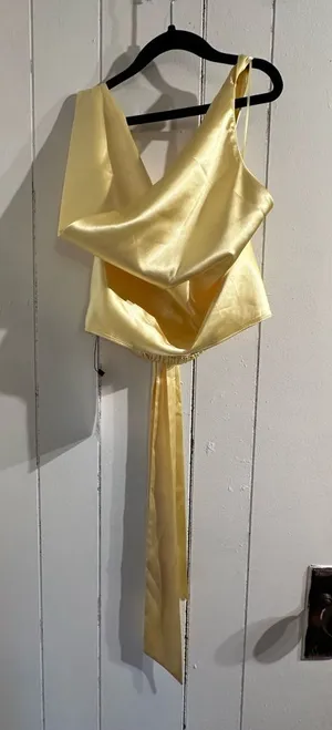 AKIRA NWT Butter Yellow Backless Satin Top Open Back thumbnail 1