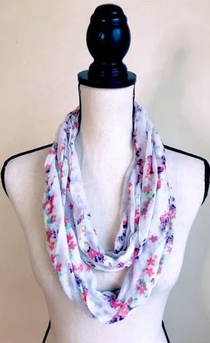 belle du jour White Floral Infinity Scarf w/ Petite Pink, Blue Flowers & Hues, Spring Like thumbnail 3